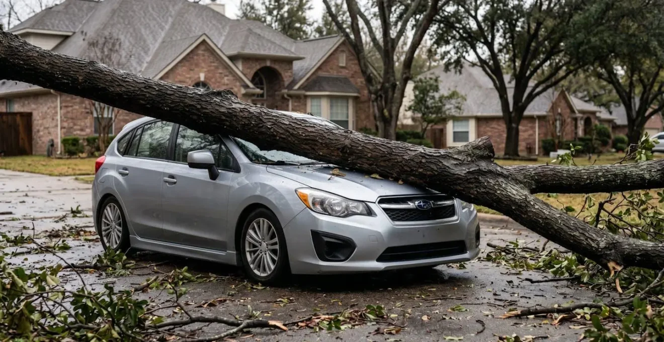 Situation d'urgence après une tempête avec véhicule endommagé et arbre tombé sur la route