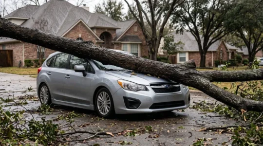 Situation d'urgence après une tempête avec véhicule endommagé et arbre tombé sur la route