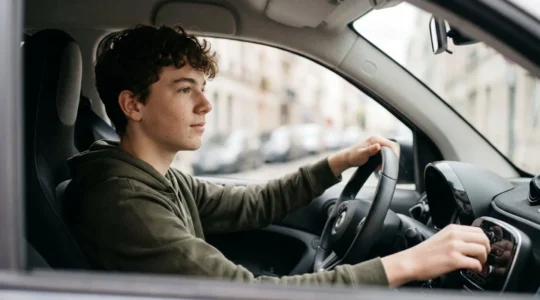 Illustration représentant la protection d'un adolescent conducteur de voiture sans permis avec focus sur la sécurité et la légalité