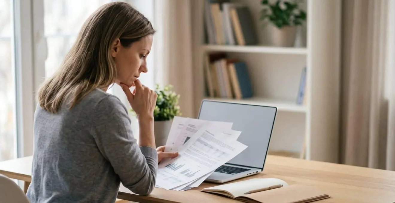 Personne analysant différentes offres d'assurance sur ordinateur avec documents et notes de comparaison