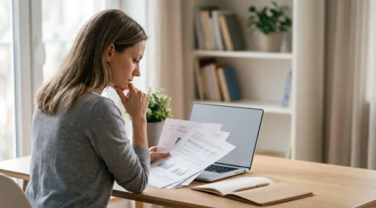 Personne analysant différentes offres d'assurance sur ordinateur avec documents et notes de comparaison