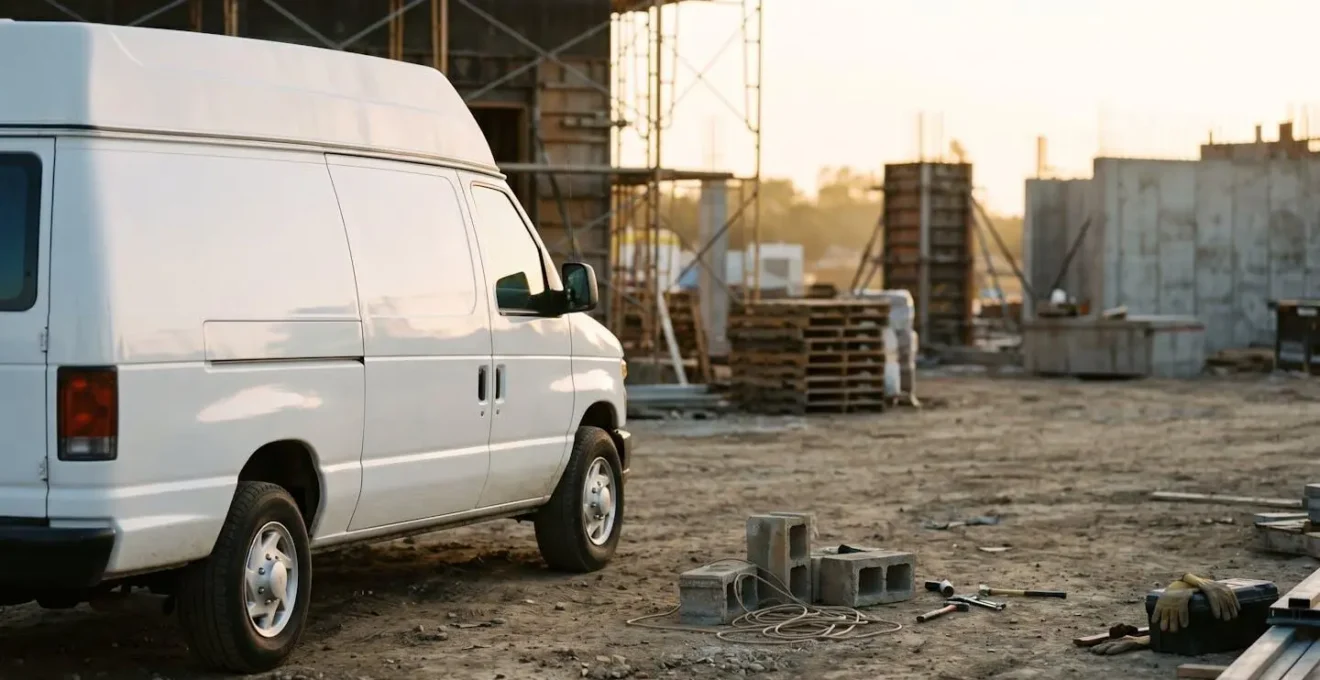 Un utilitaire professionnel sur un chantier illustrant la complexité des zones grises entre assurance auto et responsabilité civile professionnelle