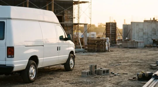 Un utilitaire professionnel sur un chantier illustrant la complexité des zones grises entre assurance auto et responsabilité civile professionnelle