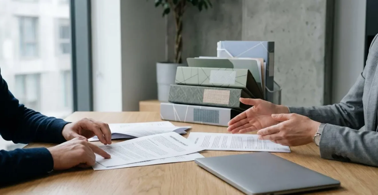 Gros plan sur des mains tenant un document d'assurance automobile avec mise au point sélective sur les clauses de garantie conducteur