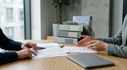 Gros plan sur des mains tenant un document d'assurance automobile avec mise au point sélective sur les clauses de garantie conducteur