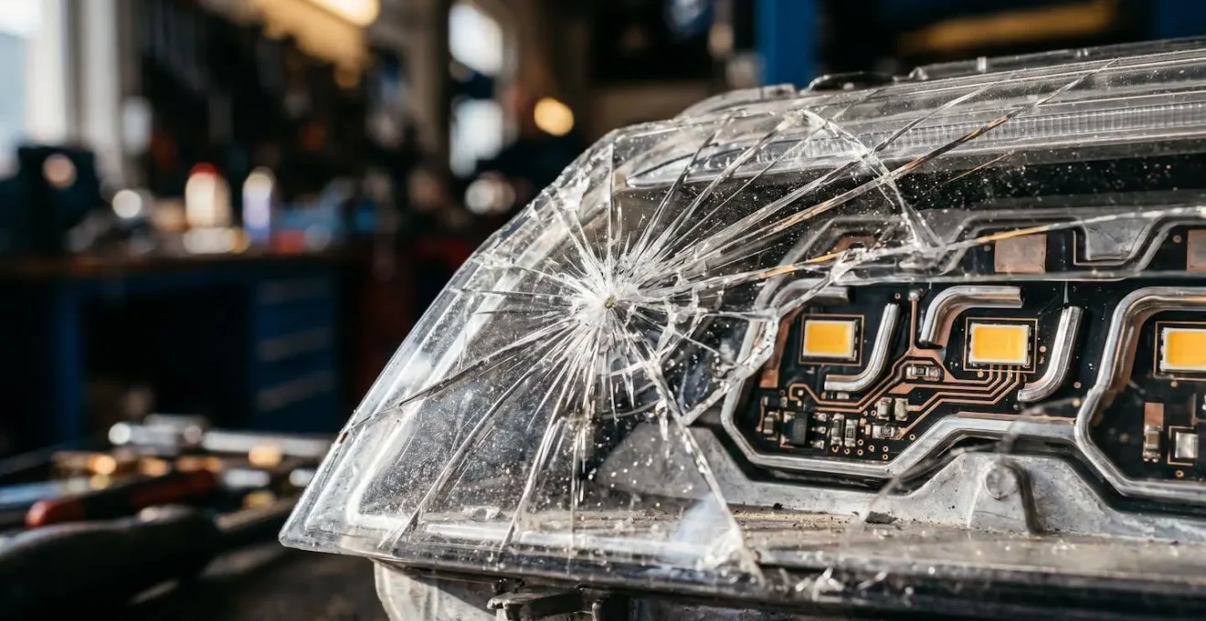 Gros plan sur un phare LED automobile moderne partiellement endommagé avec des éclats visibles sur la surface vitrée, capturé dans un environnement de garage professionnel