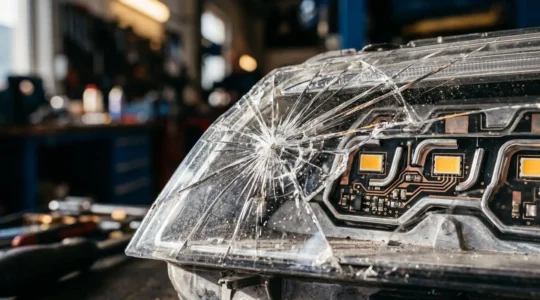 Gros plan sur un phare LED automobile moderne partiellement endommagé avec des éclats visibles sur la surface vitrée, capturé dans un environnement de garage professionnel