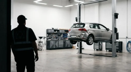 Réparation de véhicule après accident dans un atelier de concessionnaire automobile professionnel
