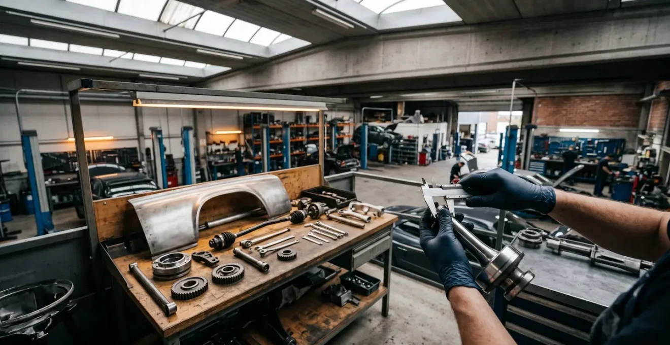 Vue d'atelier de reparation automobile avec pieces detachees controlees et outils professionnels