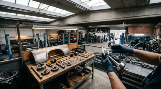 Vue d'atelier de reparation automobile avec pieces detachees controlees et outils professionnels