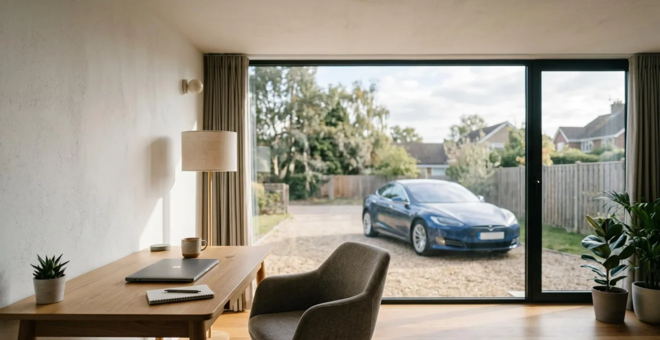 Personne travaillant depuis son domicile avec vue sur sa voiture stationnee, illustrant le lien entre teletravail et assurance automobile