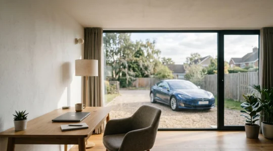 Personne travaillant depuis son domicile avec vue sur sa voiture stationnee, illustrant le lien entre teletravail et assurance automobile