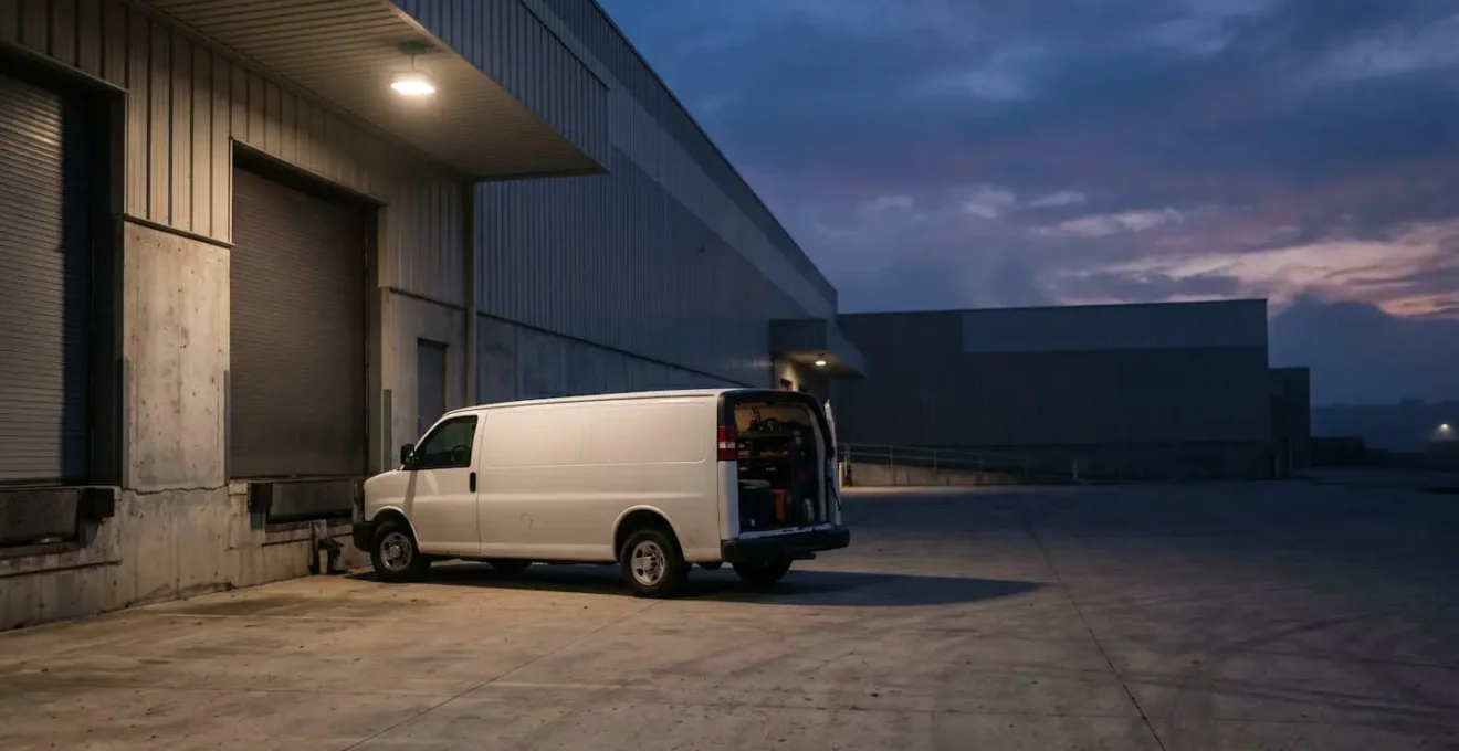 Véhicule utilitaire professionnel avec outillage et marchandises dans un environnement commercial, illustrant la complexité de l'assurance des véhicules professionnels