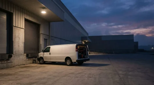 Véhicule utilitaire professionnel avec outillage et marchandises dans un environnement commercial, illustrant la complexité de l'assurance des véhicules professionnels