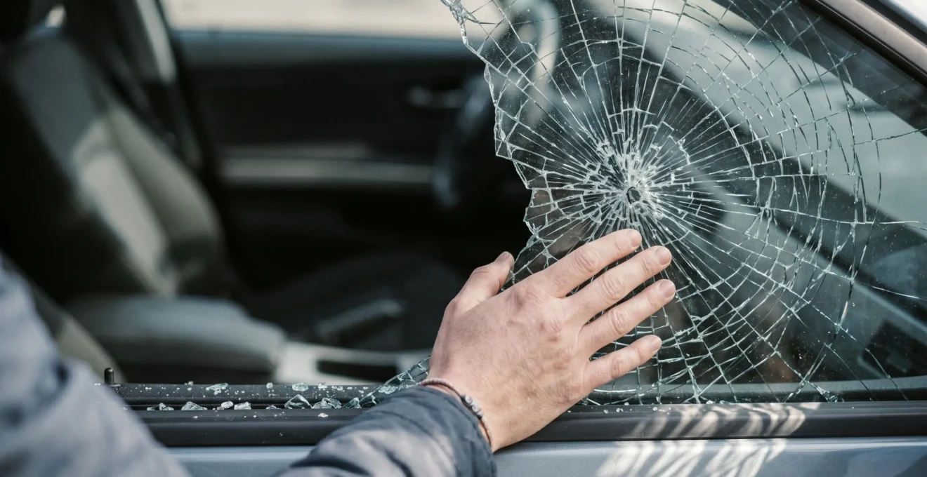 Main tenant un smartphone près d'une vitre latérale de voiture fracturée avec débris de verre