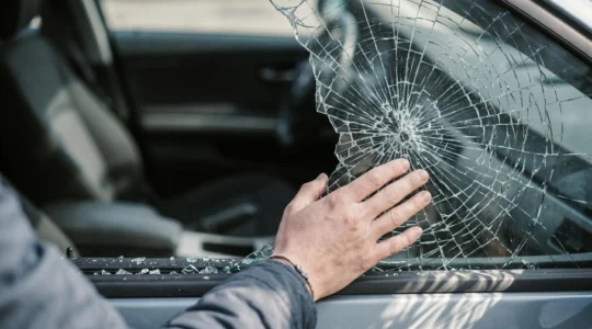 Main tenant un smartphone près d'une vitre latérale de voiture fracturée avec débris de verre