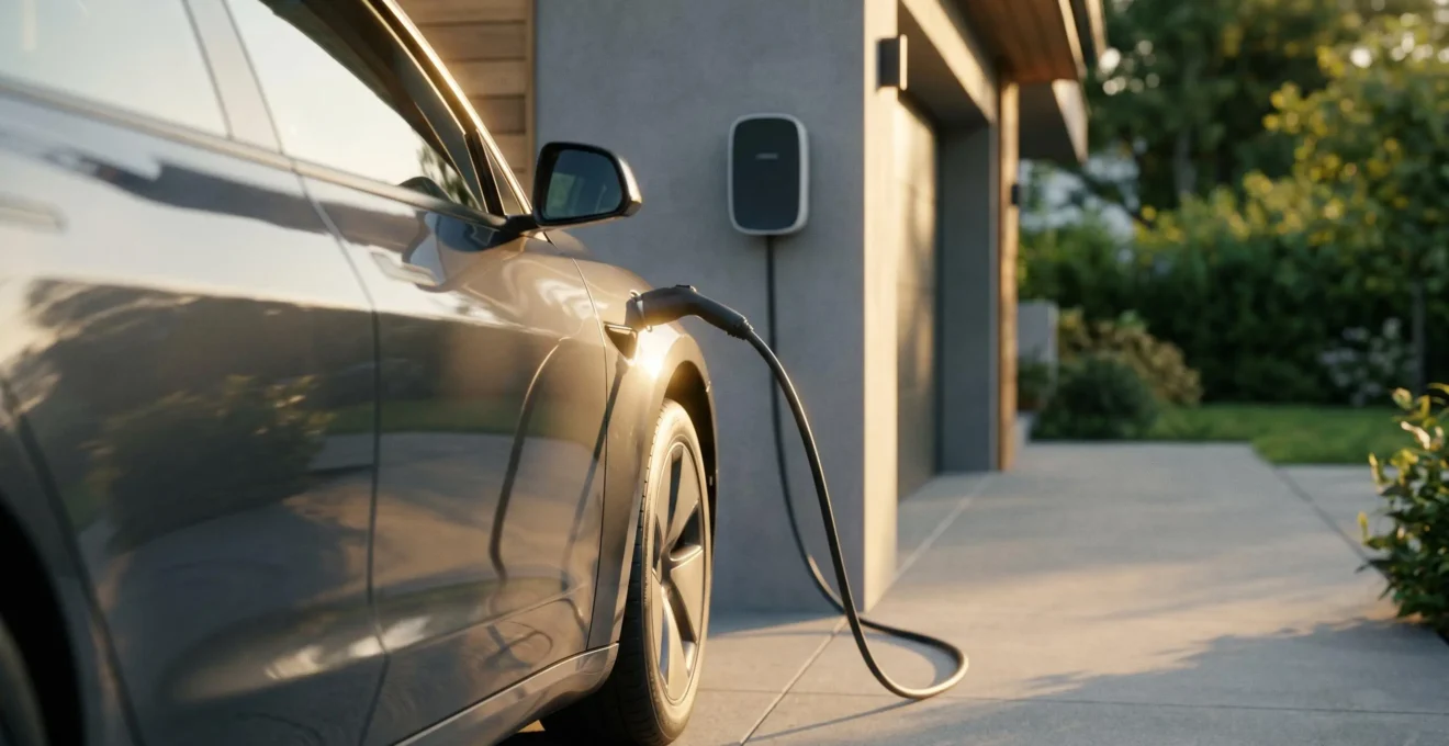 Voiture électrique moderne en recharge avec détails de la batterie et des câbles, symbolisant la sécurité et l'assurance spécialisée