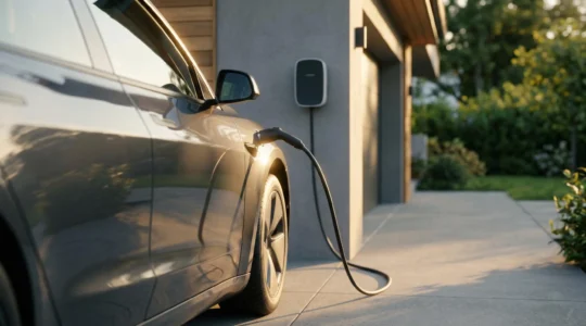Voiture électrique moderne en recharge avec détails de la batterie et des câbles, symbolisant la sécurité et l'assurance spécialisée
