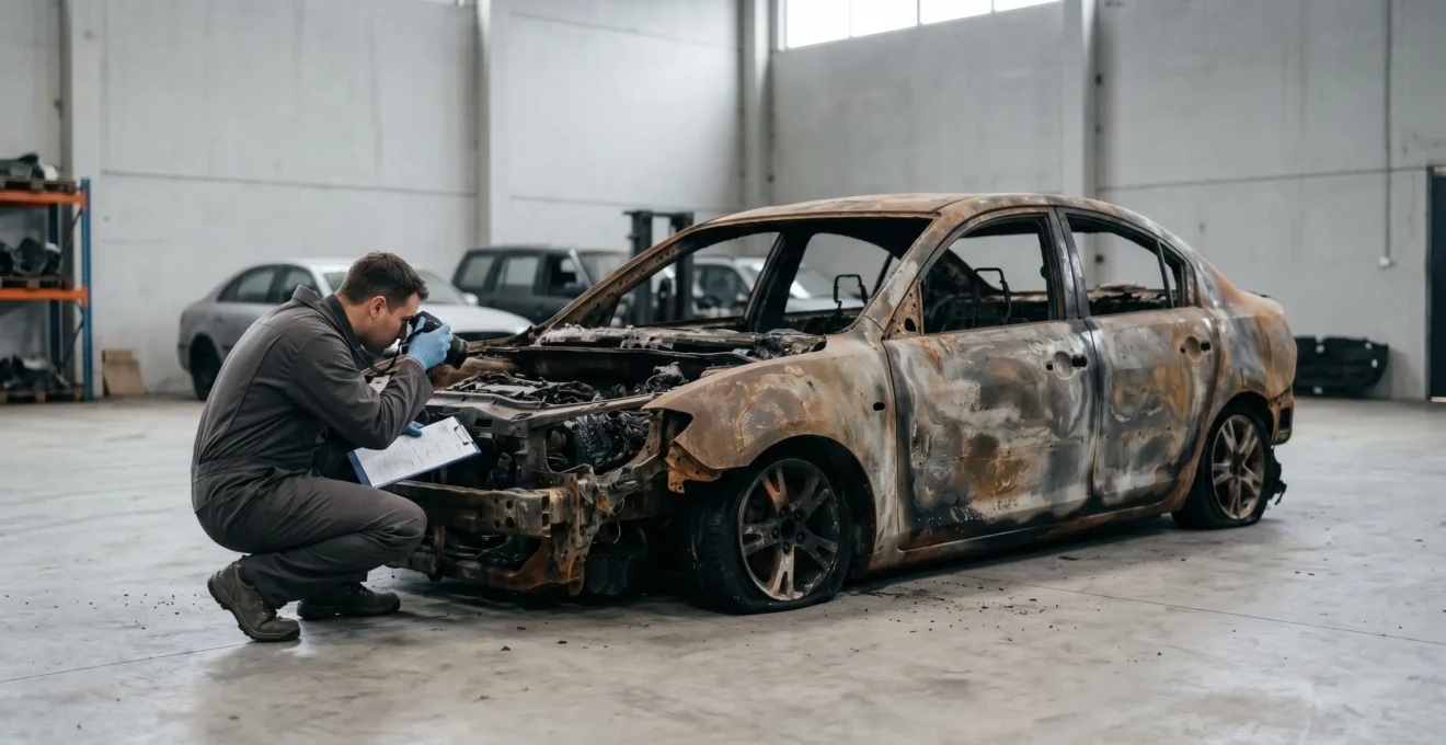 Expertise professionnelle d'un véhicule incendié avec documentation technique pour dossier d'assurance automobile
