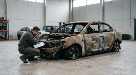 Expertise professionnelle d'un véhicule incendié avec documentation technique pour dossier d'assurance automobile