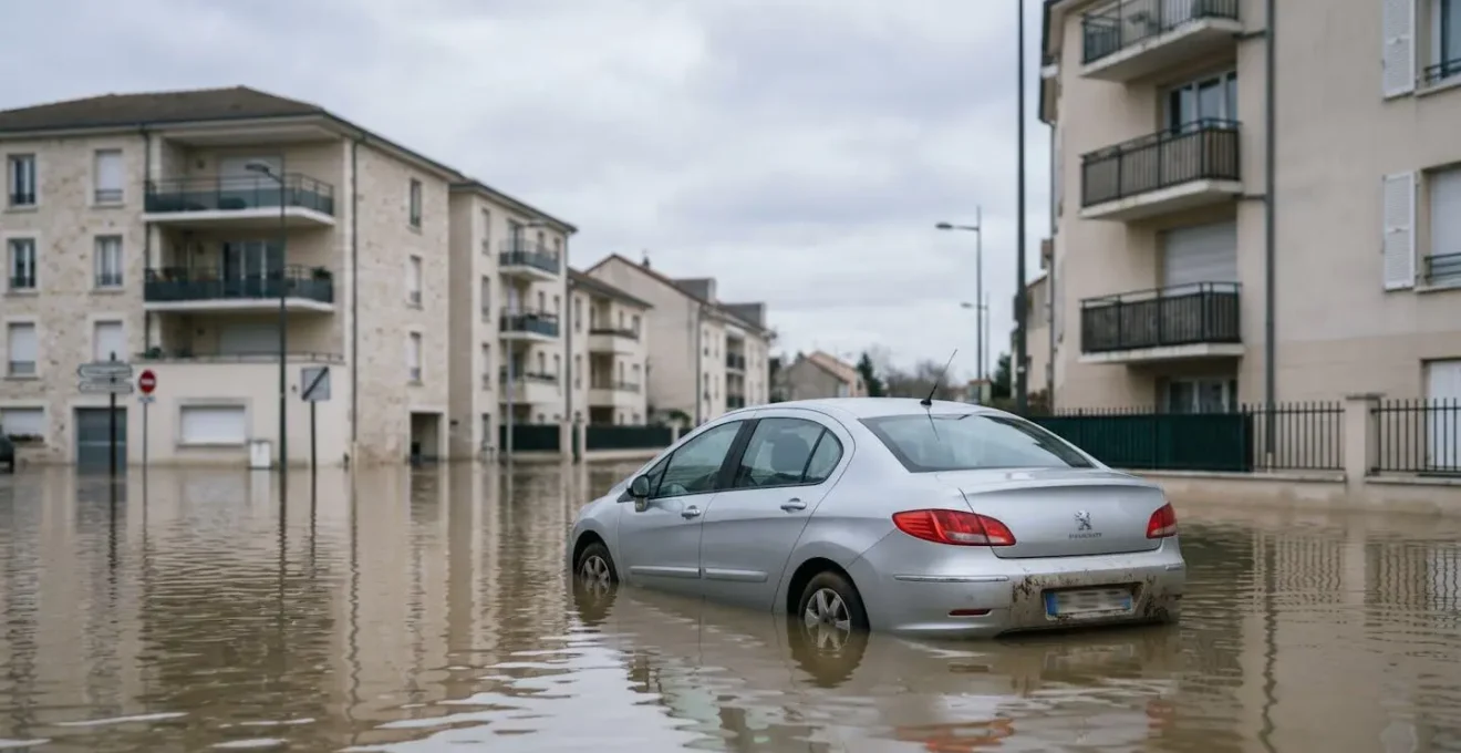 Voiture partiellement immergée dans l'eau après une inondation, avec l'eau atteignant le bas des portes