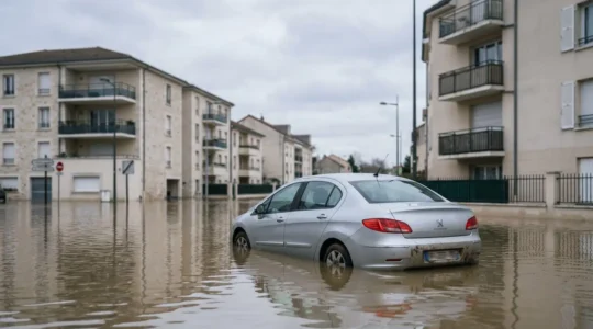 Voiture partiellement immergée dans l'eau après une inondation, avec l'eau atteignant le bas des portes