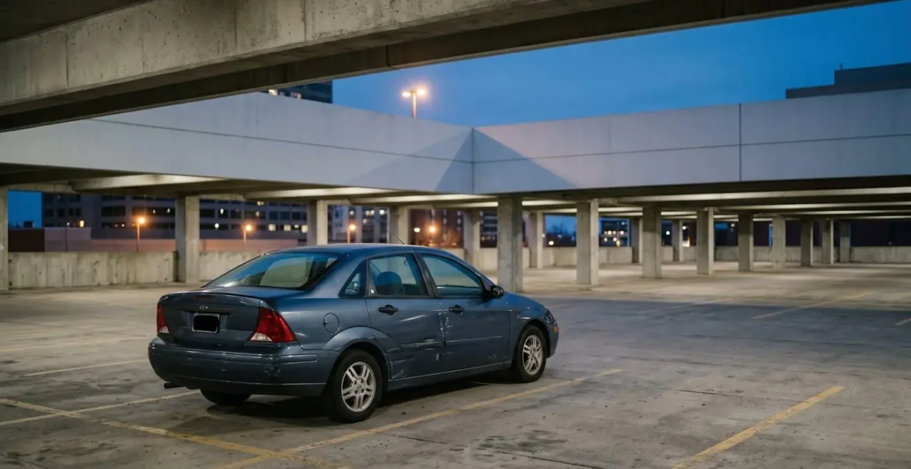 Voiture stationnée dans un parking urbain de nuit présentant des traces de vandalisme sur la carrosserie