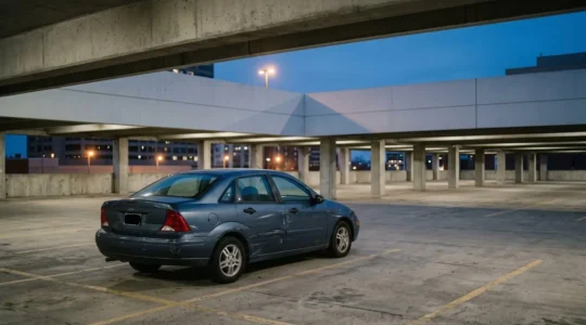 Voiture stationnée dans un parking urbain de nuit présentant des traces de vandalisme sur la carrosserie